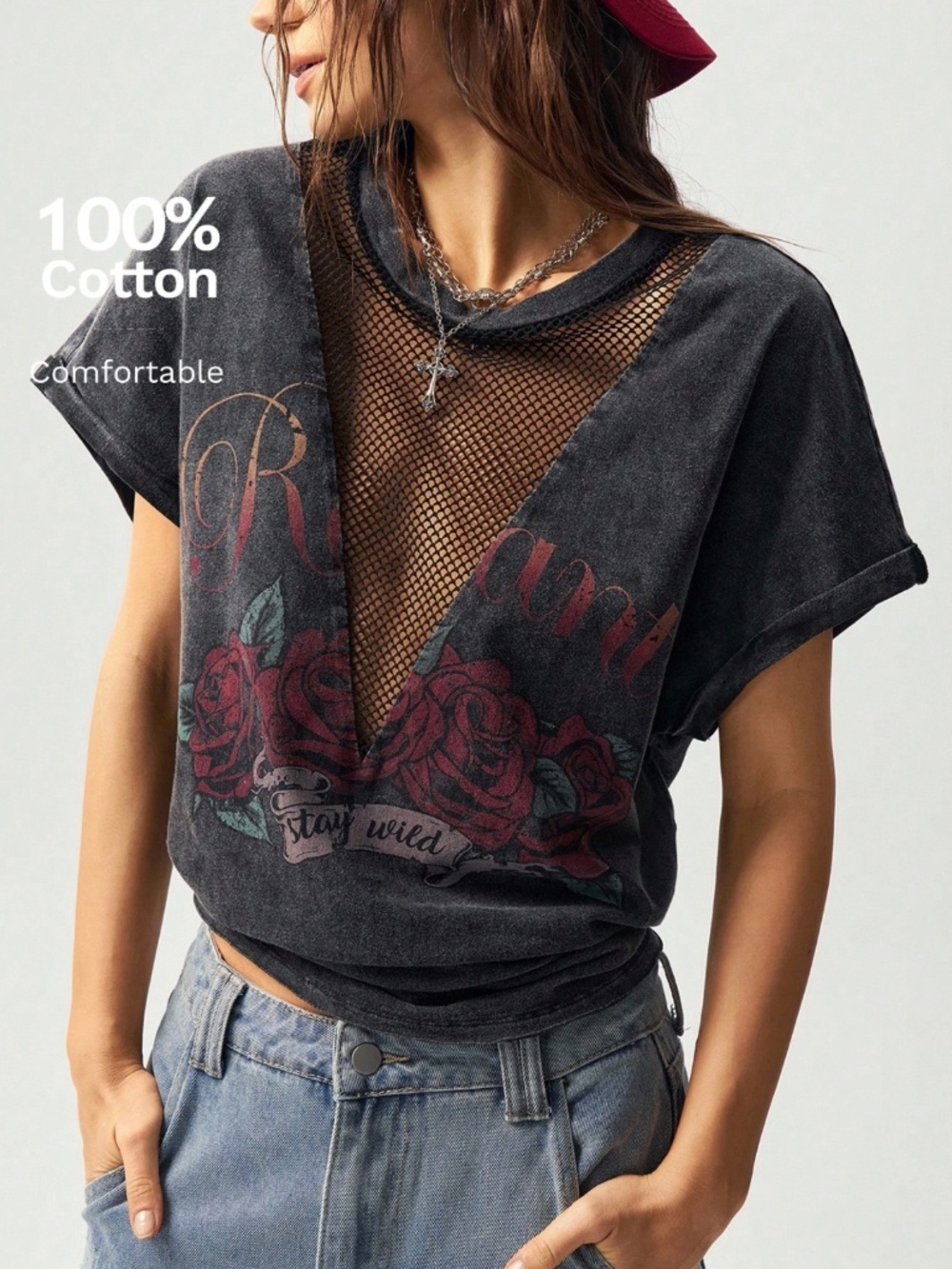 Cotton Roses Print Black Mesh Insert Oversized Tee Shirt
